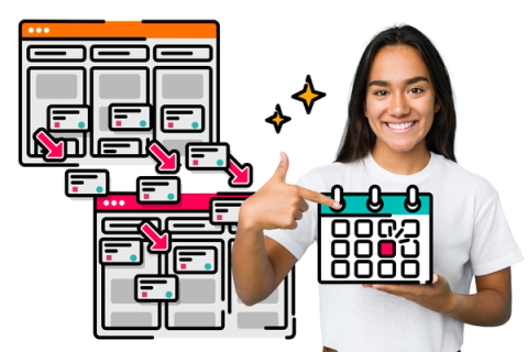 A person points to a calendar with a date highlighted in pink behind them jira tickets are migrated from one kanban board to another