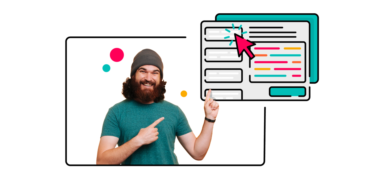A person smiles and points to a Confluence window illustration
