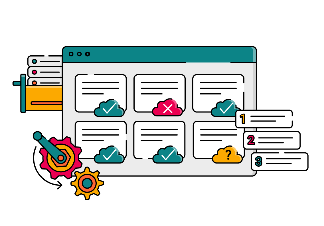 Illustrated graphic of an interface showing a grid of migration tasks, each represented by a card with text lines and a small cloud icon marked with a tick, cross, or question mark. On the left, a stack of on‑premise servers feeds into the interface, while large gears and a lever underneath represent automation. On the right, a numbered checklist indicates a guided, step‑by‑step process for planning and managing cloud migrations.