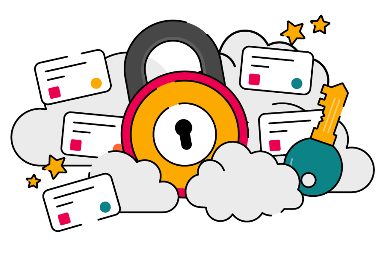 Illustration of a large padlock and key surrounded by clouds and floating ID‑card style rectangles, with small stars around them—suggesting secure access, data protection, and cloud security.