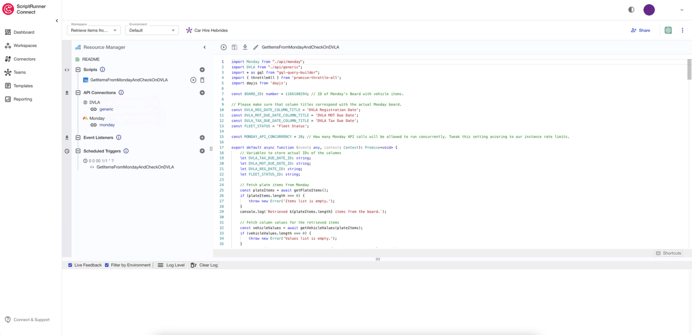 A screen capture of CHH Group’s workspace in ScriptRunner Connect