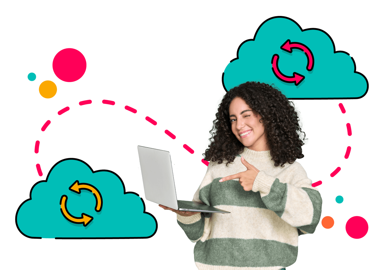 A person points at a laptop in front of two clouds that are connected by a dotted line to suggest two Jira Cloud instances are kept in sync
