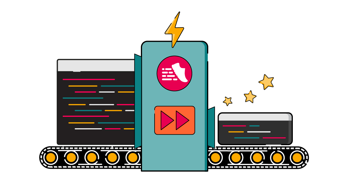 Illustration of a ScriptRunner-branded machine with a conveyor belt transforming a large window with many lines of code on the left into a much smaller, refined code window on the right, with gold stars indicating an improved outcome.