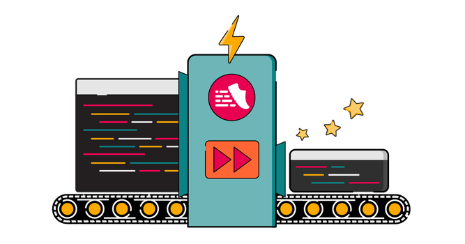 Illustration of a ScriptRunner-branded machine with a conveyor belt transforming a large window with many lines of code on the left into a much smaller, refined code window on the right, with gold stars indicating an improved outcome.