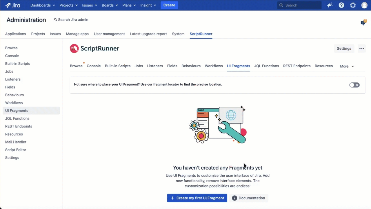 A GIF showing how to add Fragments in ScriptRunner for Jira Data Center