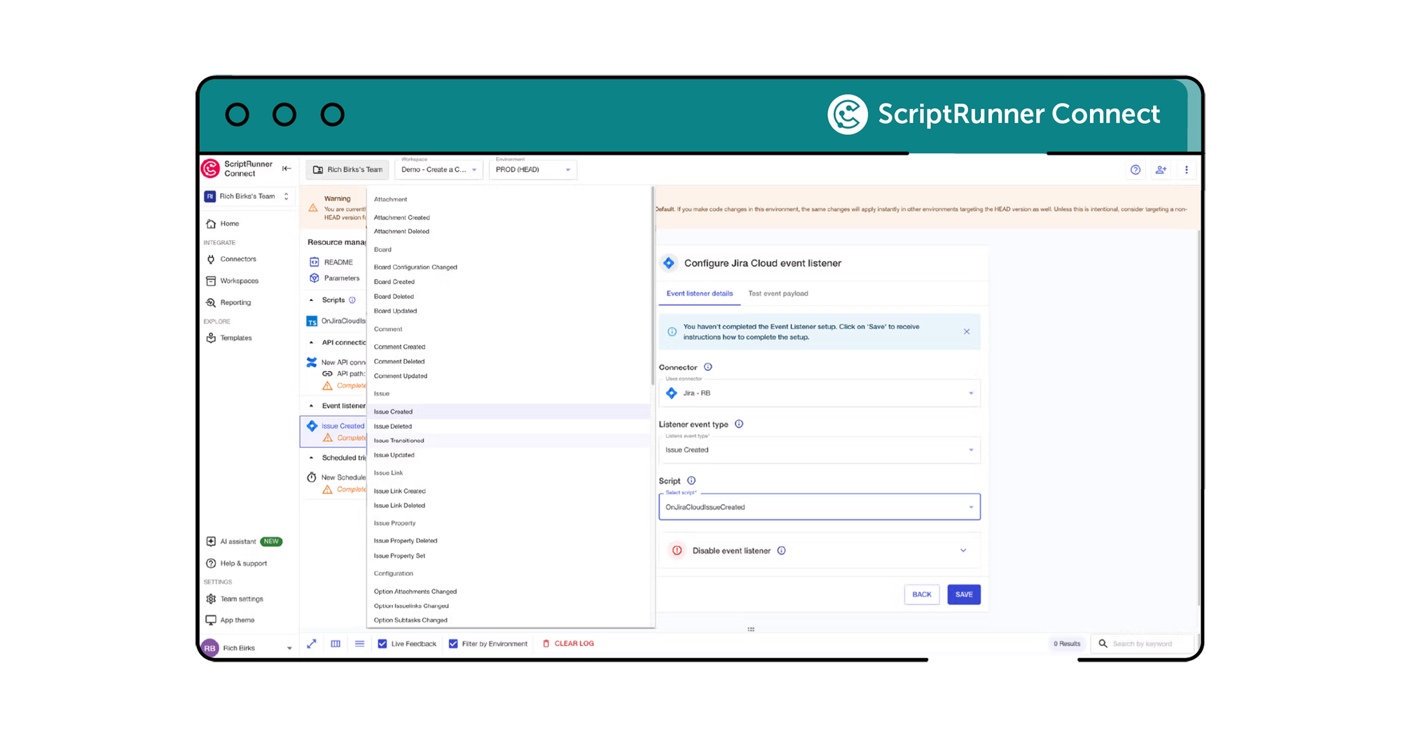 ScriptRunner Connect screenshot showing a custom trigger