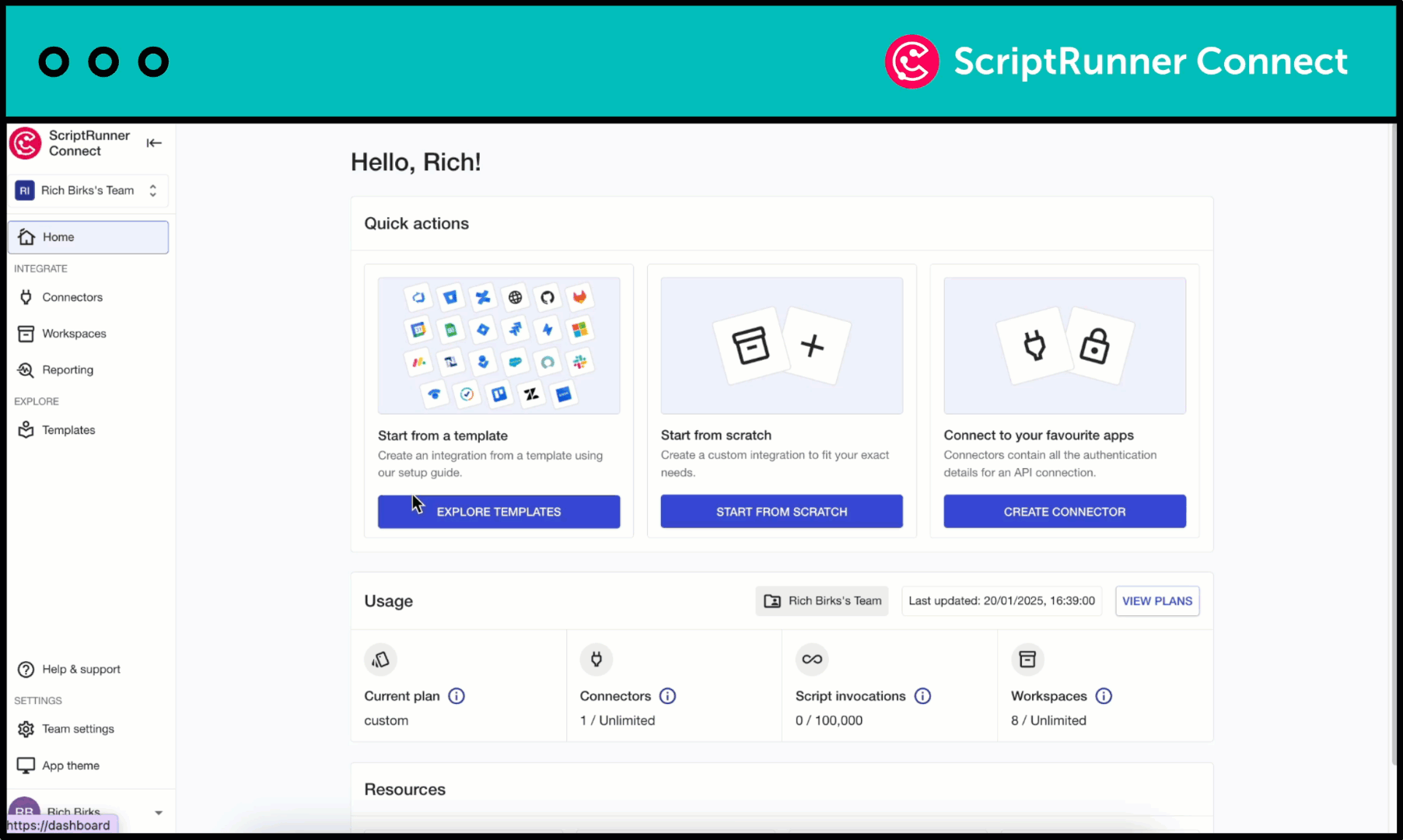 A view of how a user can get started with a template by accessing the setup guide in ScriptRunner Connect