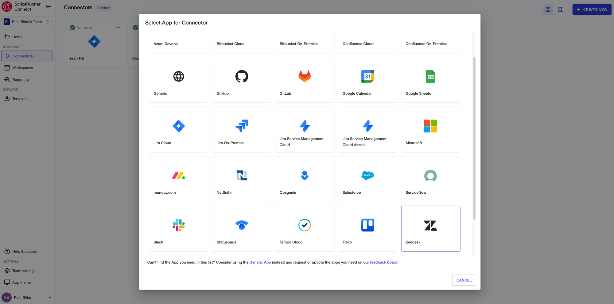 A PNG image showing how users can select the Zendesk Managed Connector in ScriptRunner Connect