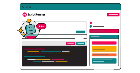 Illustration of a ScriptRunner browser window showing a colourful interface with a large code editor panel and sidebars of scripts or options. In the top left, a friendly robot icon with a speech bubble appears over the page, suggesting an AI assistant or chatbot helping to write or manage automation scripts.