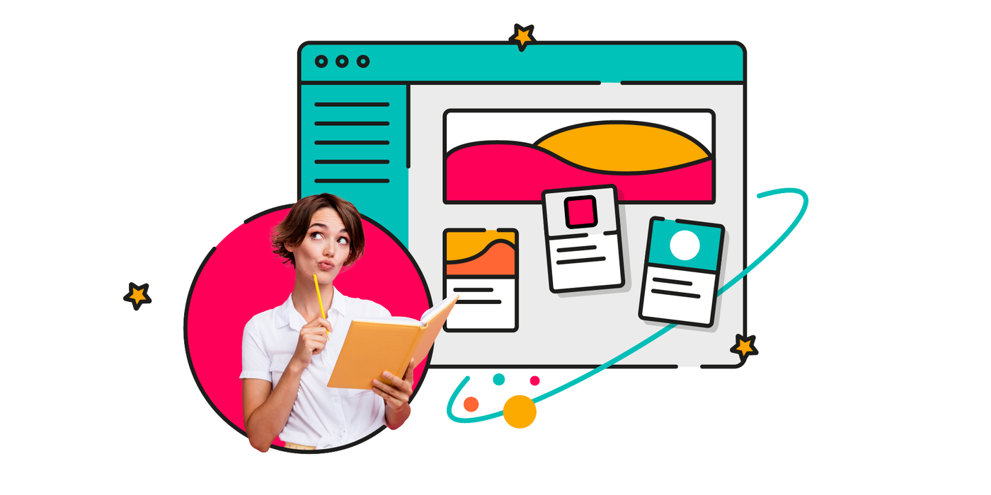 Illustration of a person holding an open yellow notebook and pencil, looking up thoughtfully as if planning, in front of a large stylised web browser window showing colourful card‑style content blocks, abstract shapes, and stars.