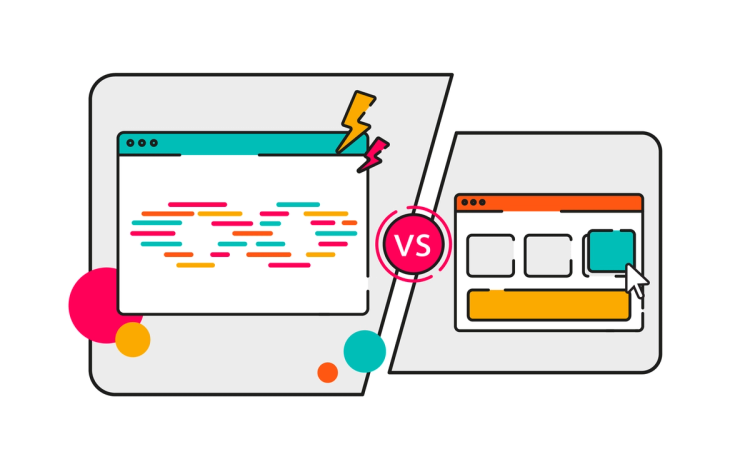 A split screen showing the power of code over no-code alternative apps