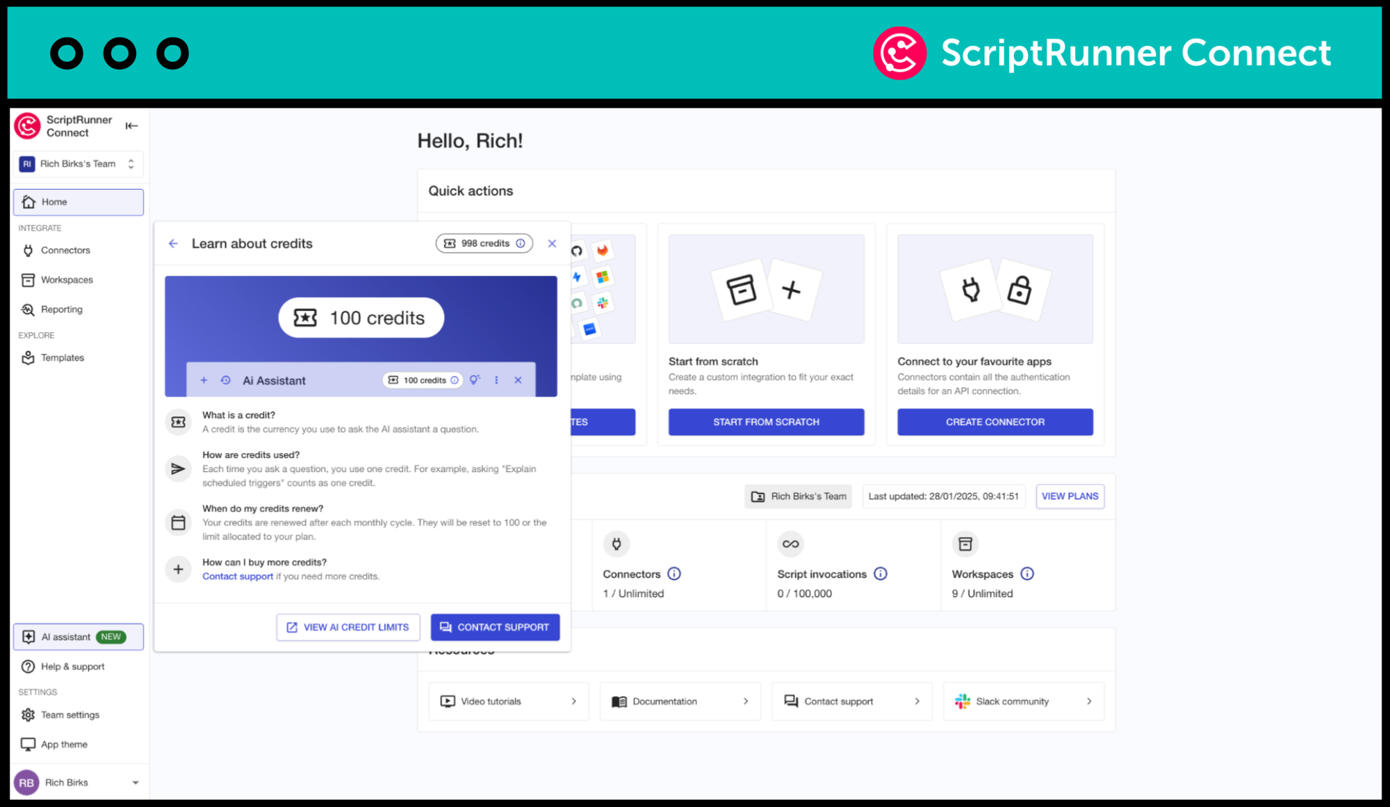 A view of how the credit system works in ScriptRunner Connect