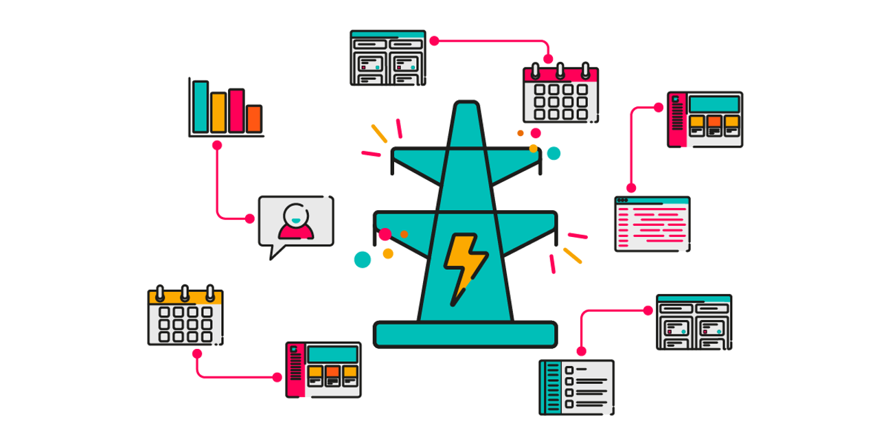 A central pylon connects many apps