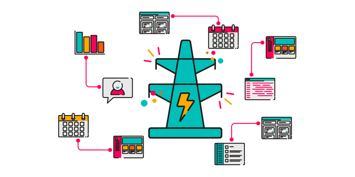 A pylon surrounded by apps that are connected to each other