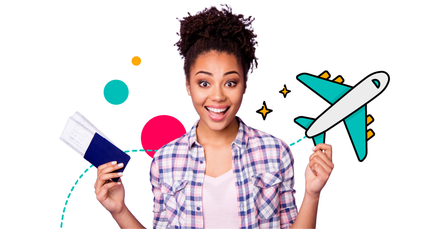 Person looking excited holding passport with a plane icon in the background 