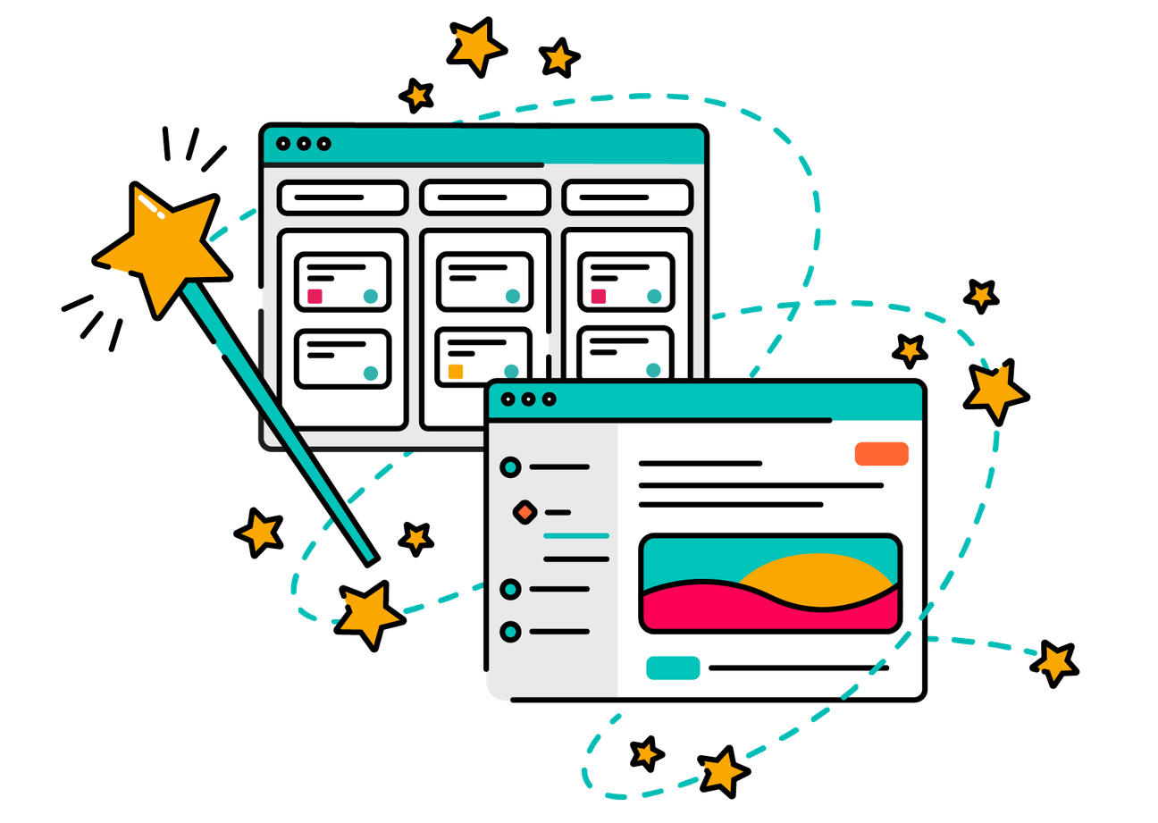Jira and Confluence windows in ScriptRunner colours, with a magic wand and a trail of stars looping around them
