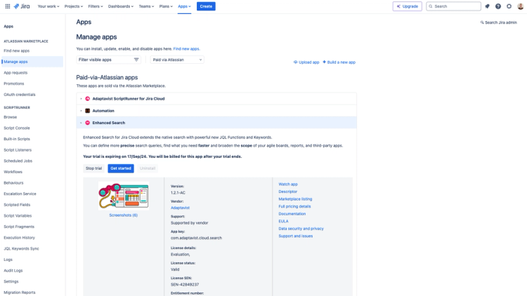 A screenshot of the manage apps page on the Atlassian marketplace