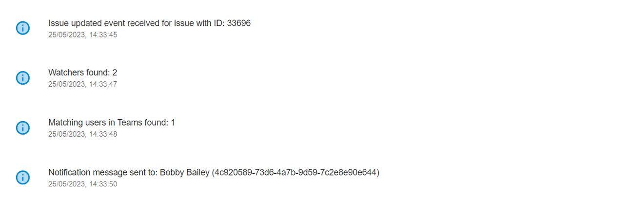 A screenshot of ScriptRunner Connect's log with script execution data