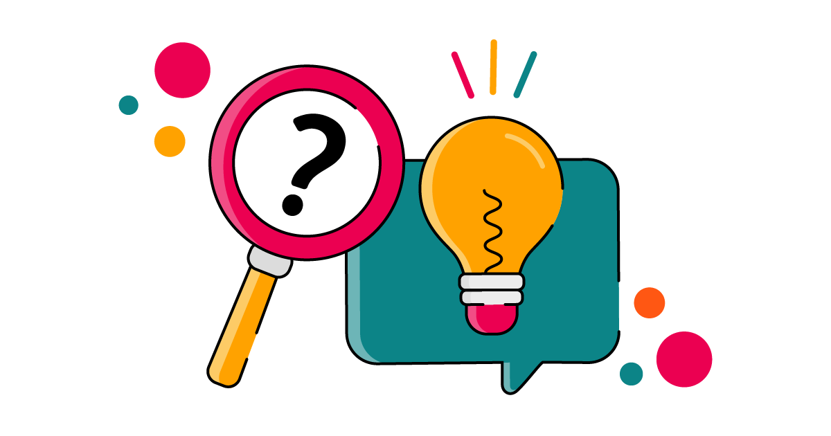 Illustrated graphic of a pink magnifying glass with a question mark in the lens, positioned next to a glowing lightbulb inside a teal speech bubble.