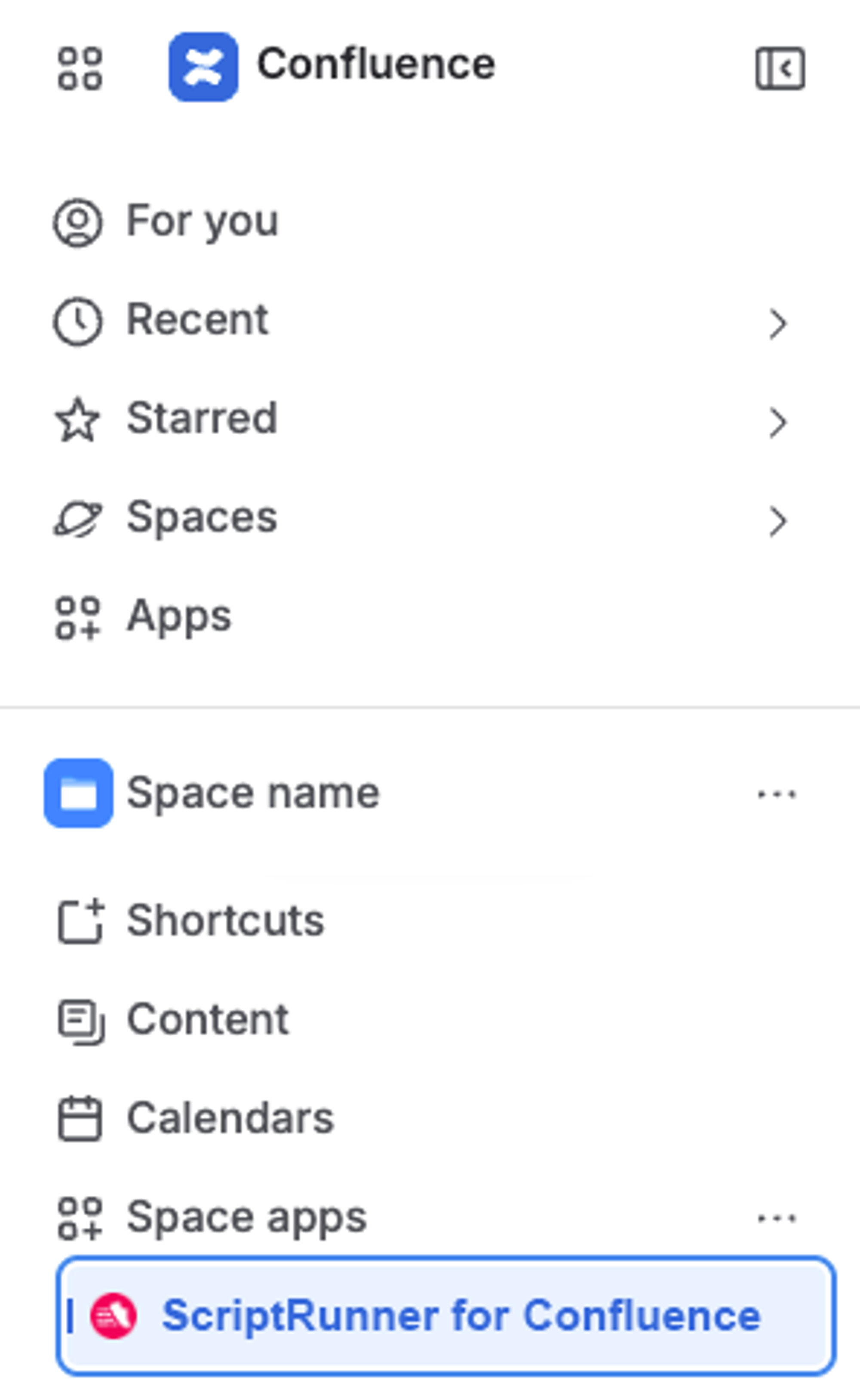 A screenshot of new UI in ScriptRunner for Confluence showing built-in scripts can now be accessed from the 'space apps' menu