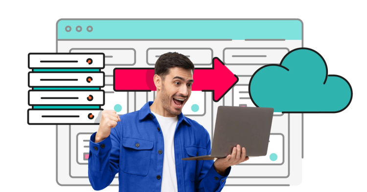 Man holding a laptop with a Data center icon on the left an arrow in the middle and a Cloud icon on the right