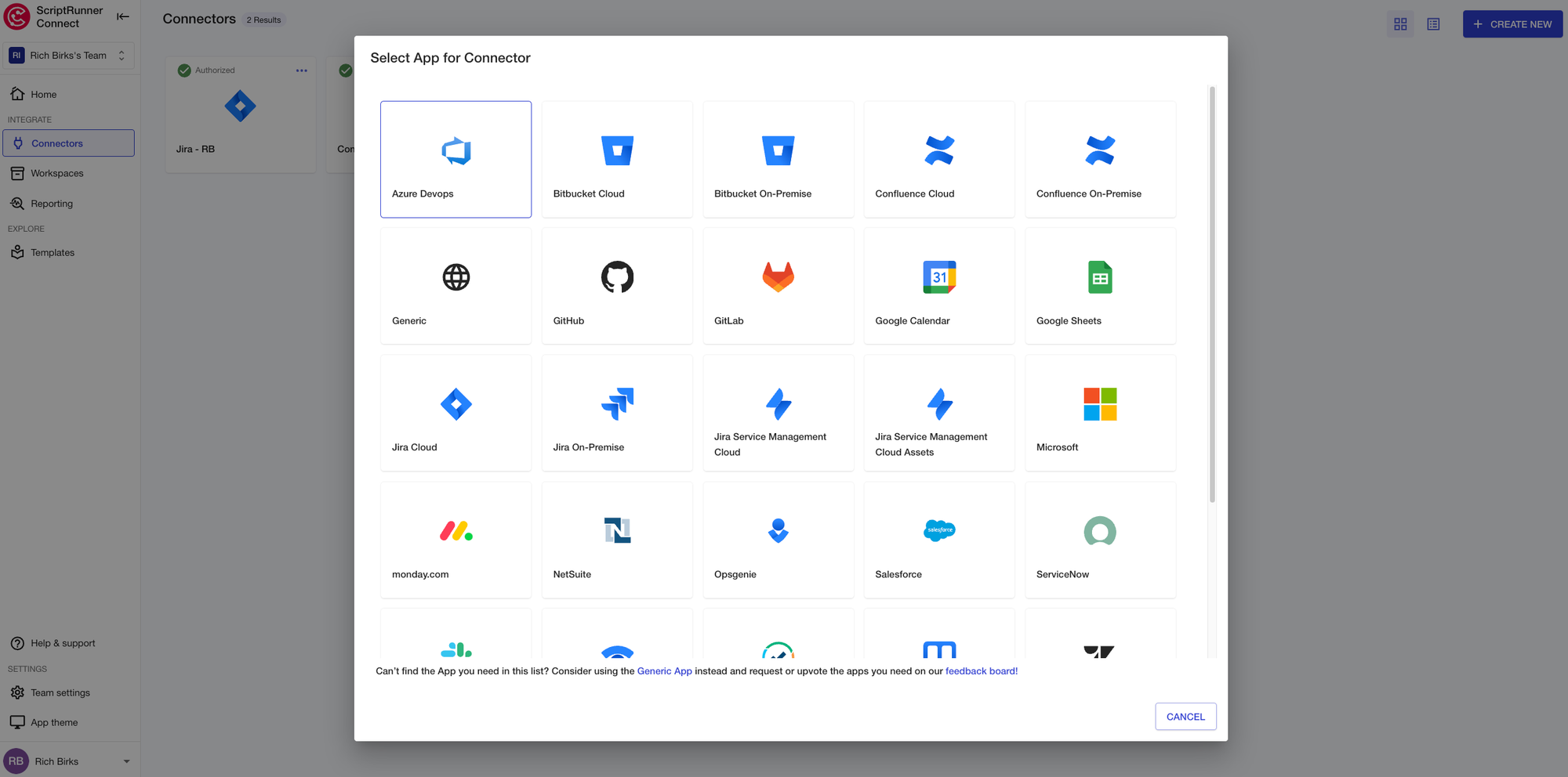 A PNG image showing how users can select the Azure DevOps Managed Connector in ScriptRunner Connect