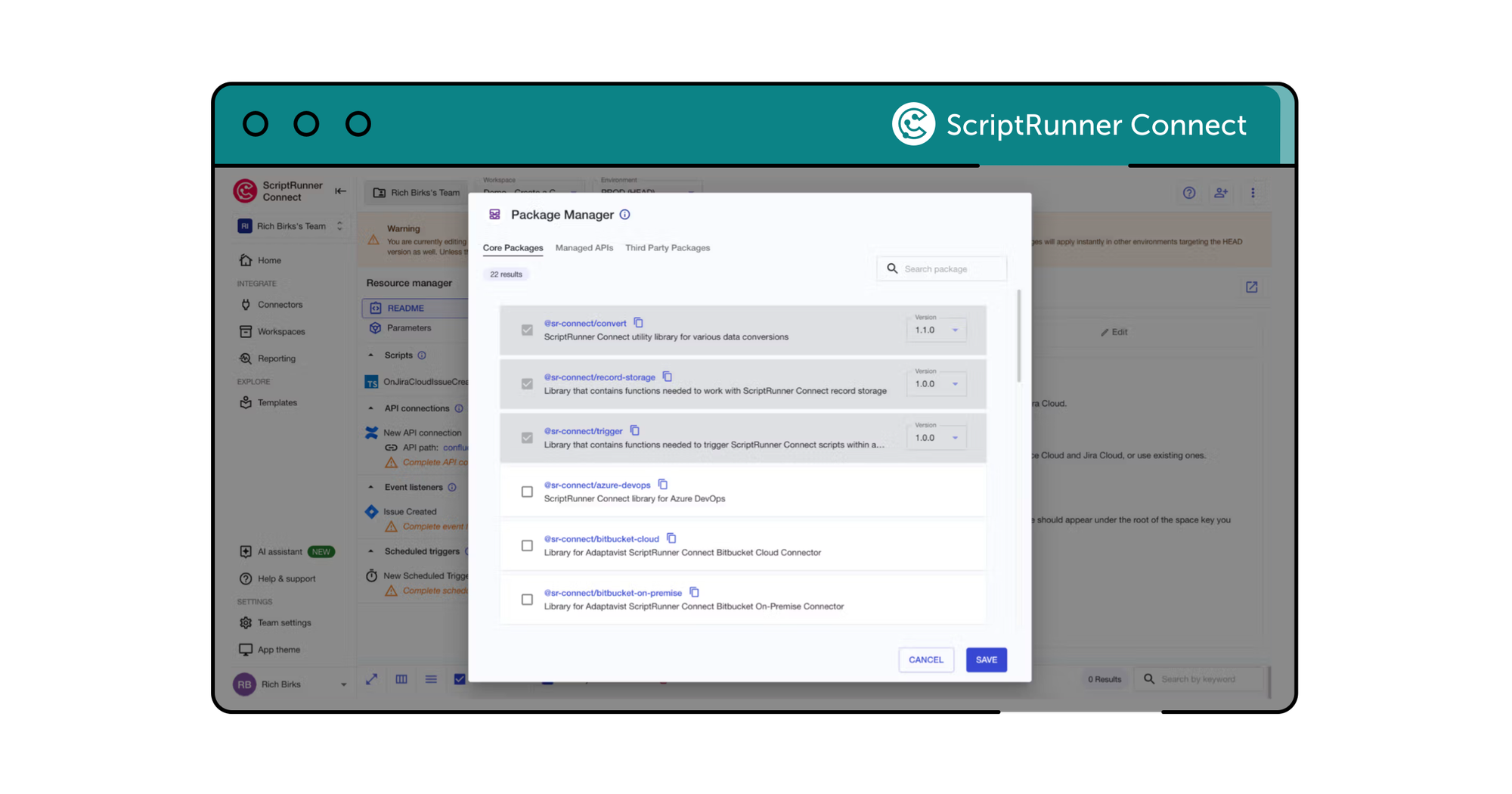 ScriptRunner Connect screenshot of the advanced tools panel