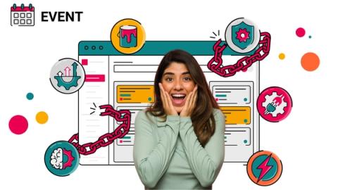 A person with long brown hair, wearing a light green top, looks surprised and pleased as they stand in front of a stylised computer interface with bright pink chains breaking away from it. Around the screen are colourful circular icons showing a paint bucket, cogwheels, a plug, a brain, a shield, and a lightning bolt. In the top left corner, a calendar icon sits next to the bold word “EVENT”.