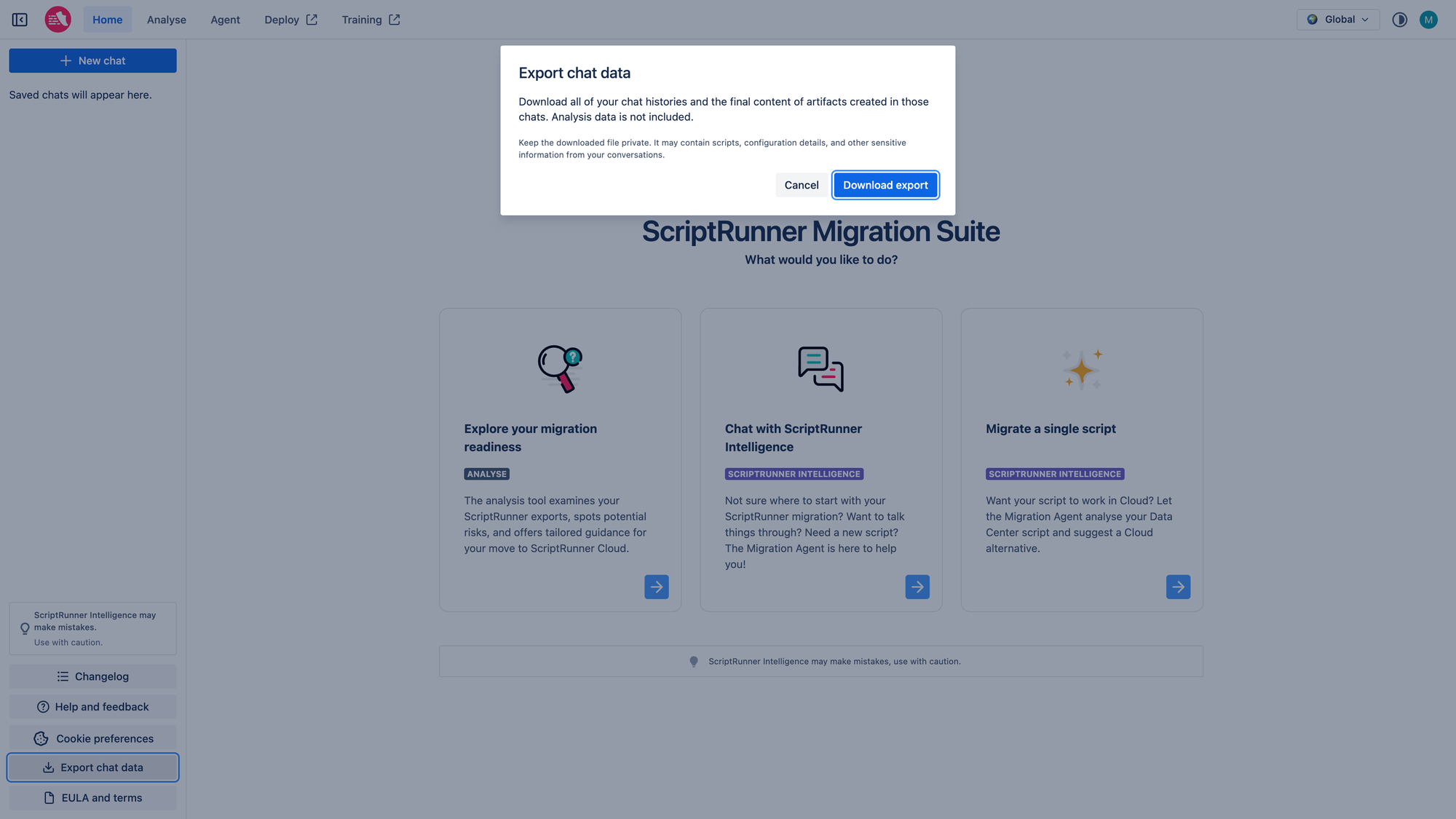 A ScriptRunner Migration Suite web page showing a white modal dialog titled “Export chat data” open in the middle of the screen, explaining that users can download all chat histories and final artefacts, and warning them to keep the file private. The modal has two buttons—“Cancel” and a highlighted “Download report.” On the left sidebar, a vertical menu includes various options with a selected “Export chat data” item.