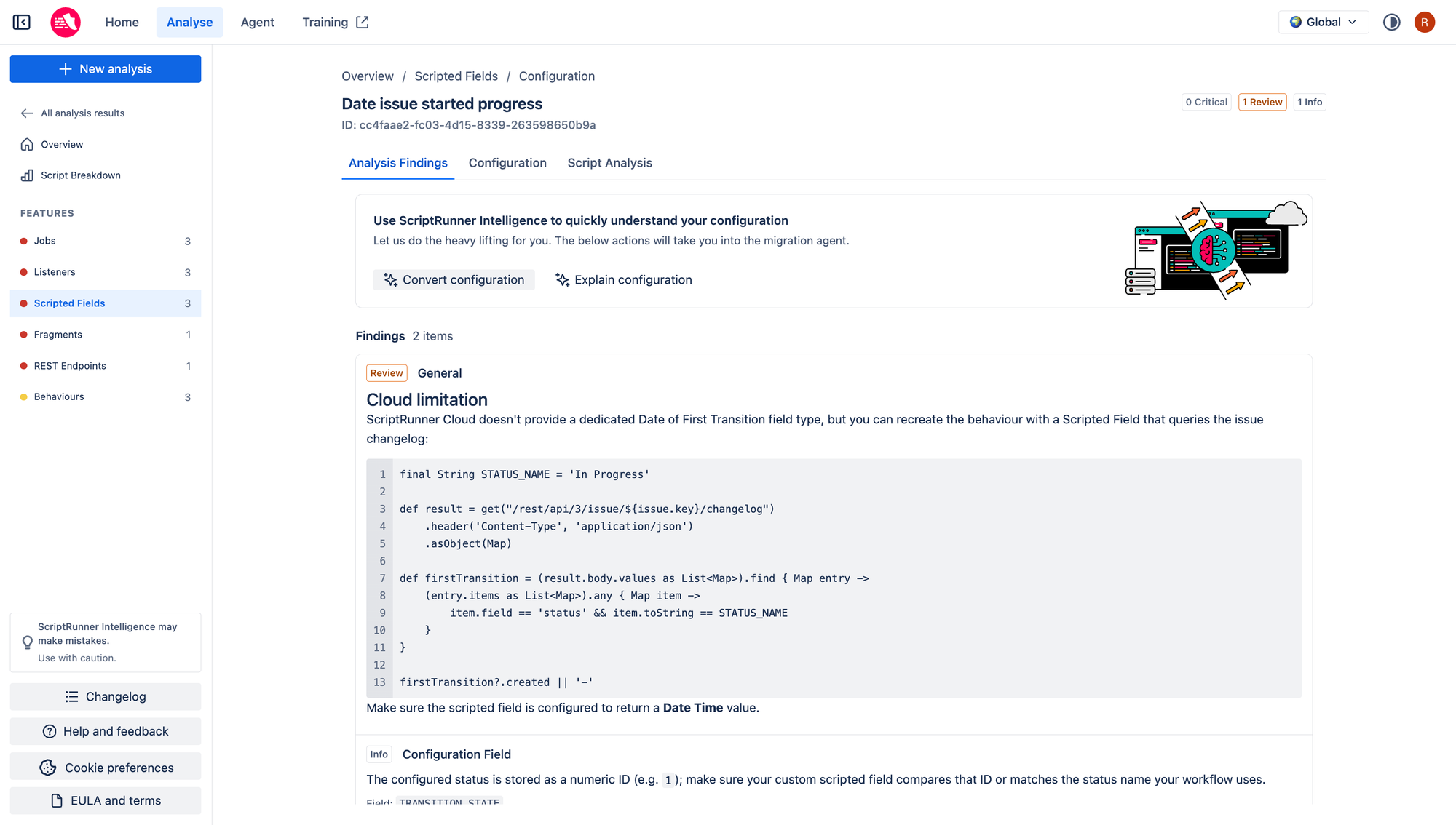 In-app screenshot of SMS analysis configuration