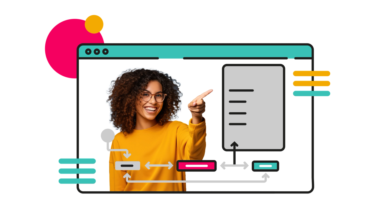 A smiling person in a yellow jumper points at a stylised software interface and workflow diagram inside a browser window illustration.