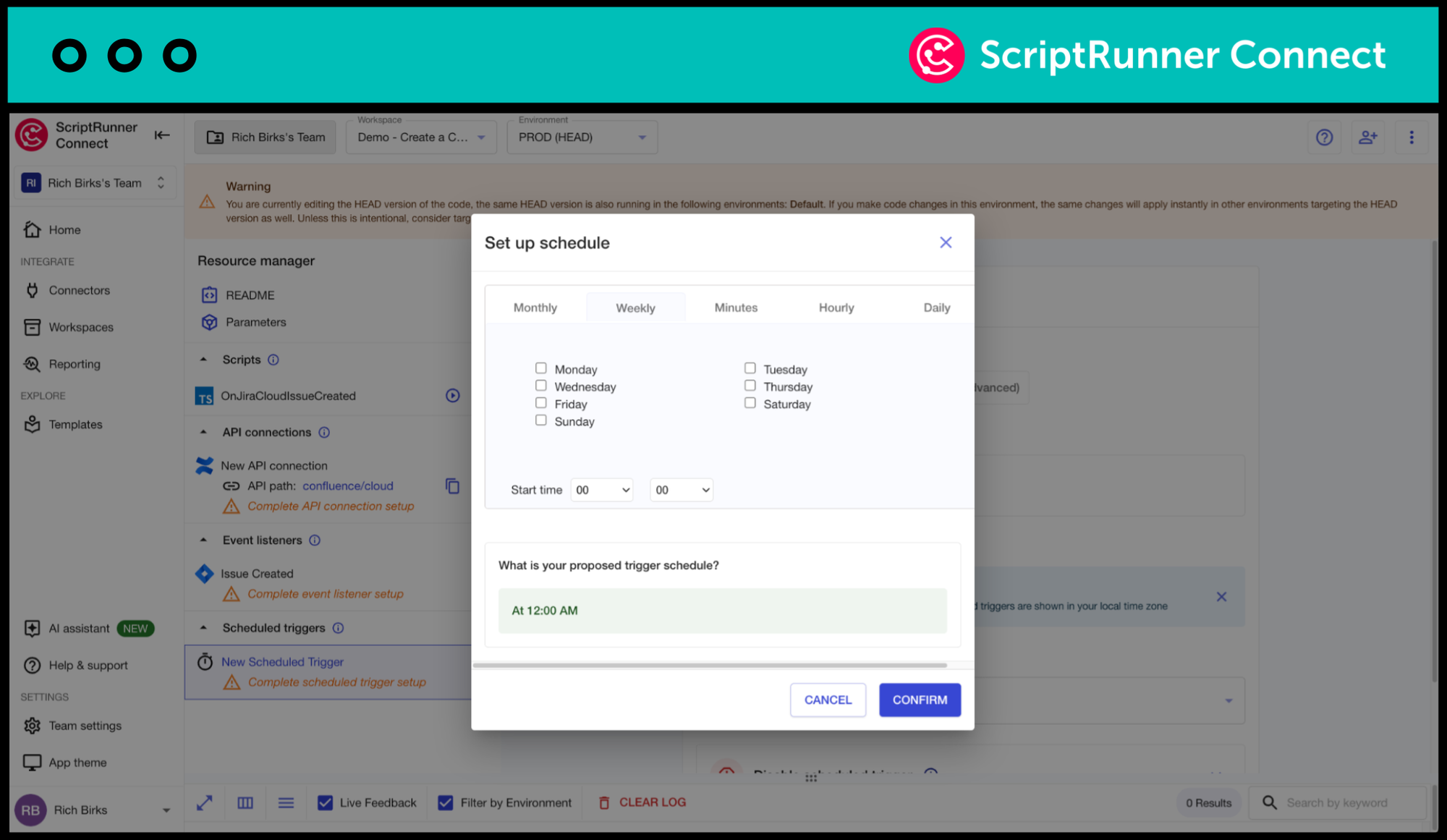 A view of how a user can schedule an event in ScriptRunner Connect