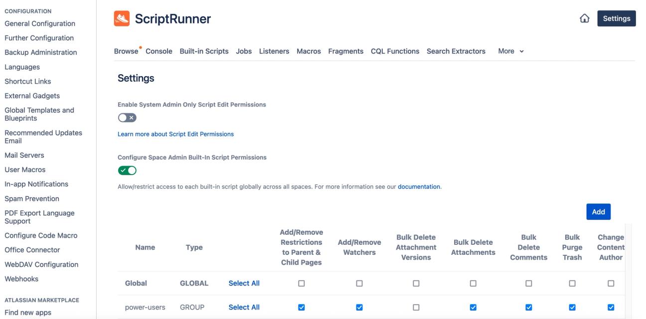 Configure Space Admin Built-In Script Permissions on ScriptRunner for Confluence
