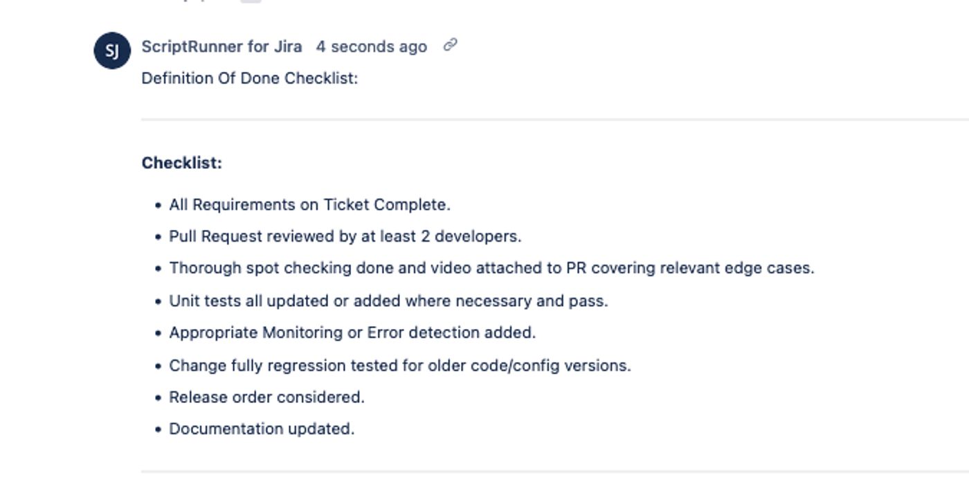 Screenshot of Definition of Done checklist comment