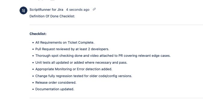 Screenshot of Definition of Done checklist comment