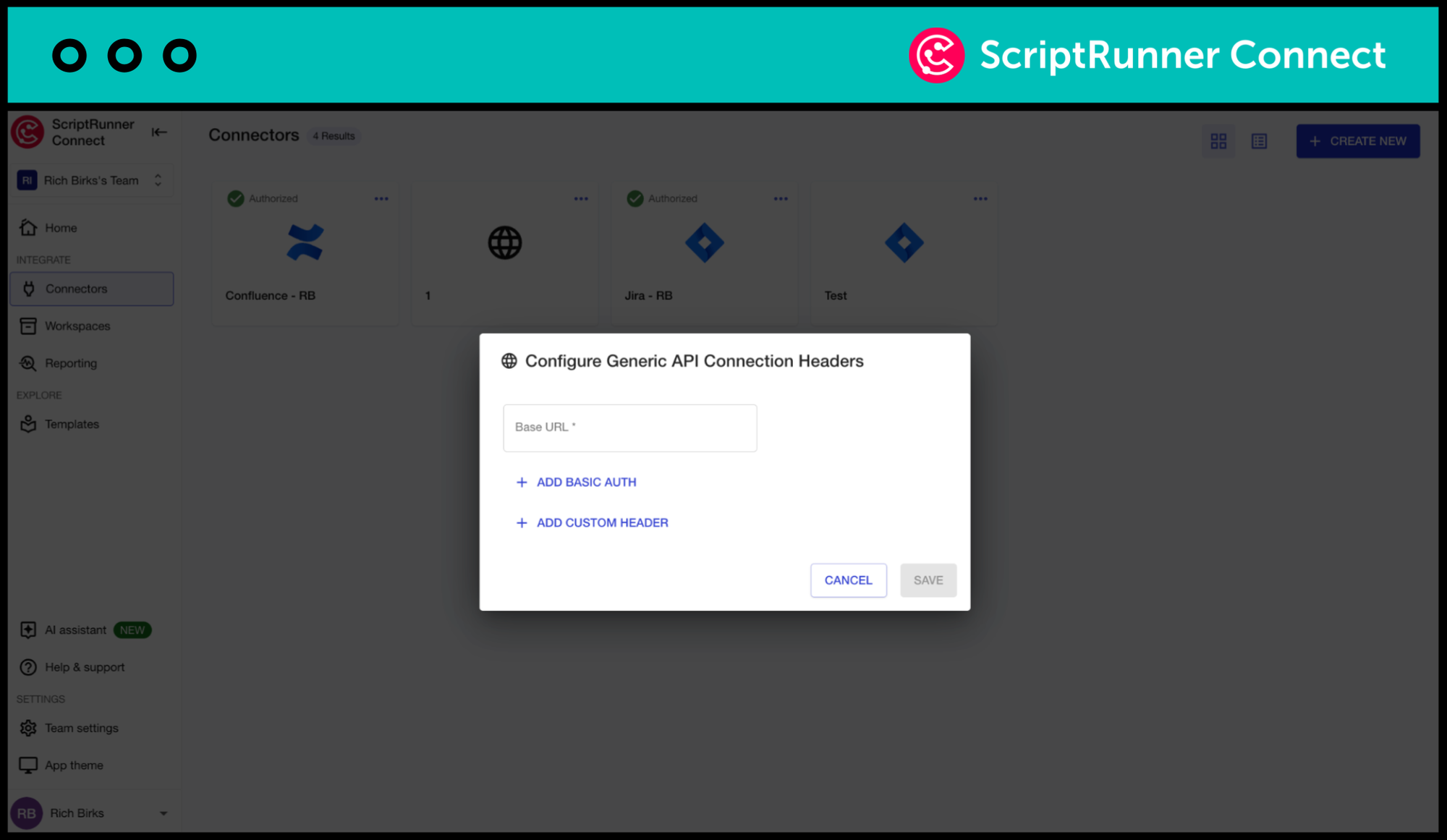 A view of how a user can configure the generic connector in ScriptRunner Connect