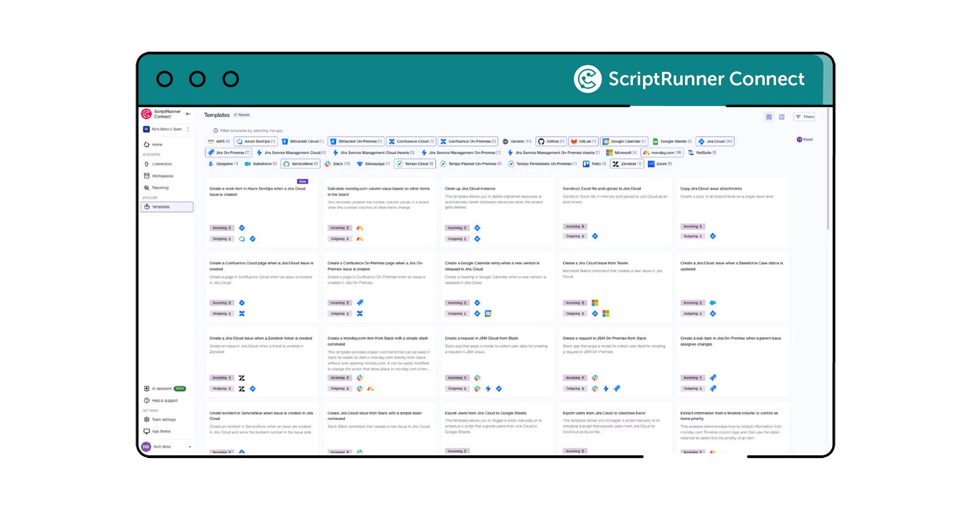 ScriptRunner Connect screenshot of various template options