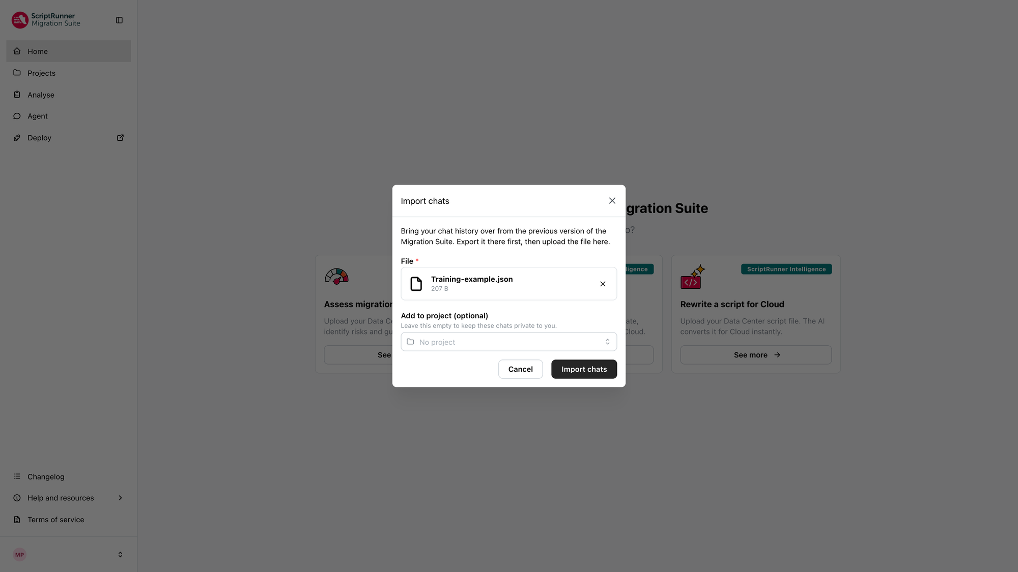 A ScriptRunner Migration Suite interface with a central modal window titled “Import chats”. The modal explains how to bring chat history from a previous version, shows an uploaded file named “Training-example.json”, and includes an optional “Add to project” dropdown. At the bottom are “Cancel” and primary “Import chats” buttons.