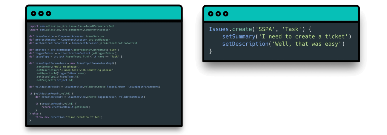 A long script shows in Groovy next to a short script in HAPI