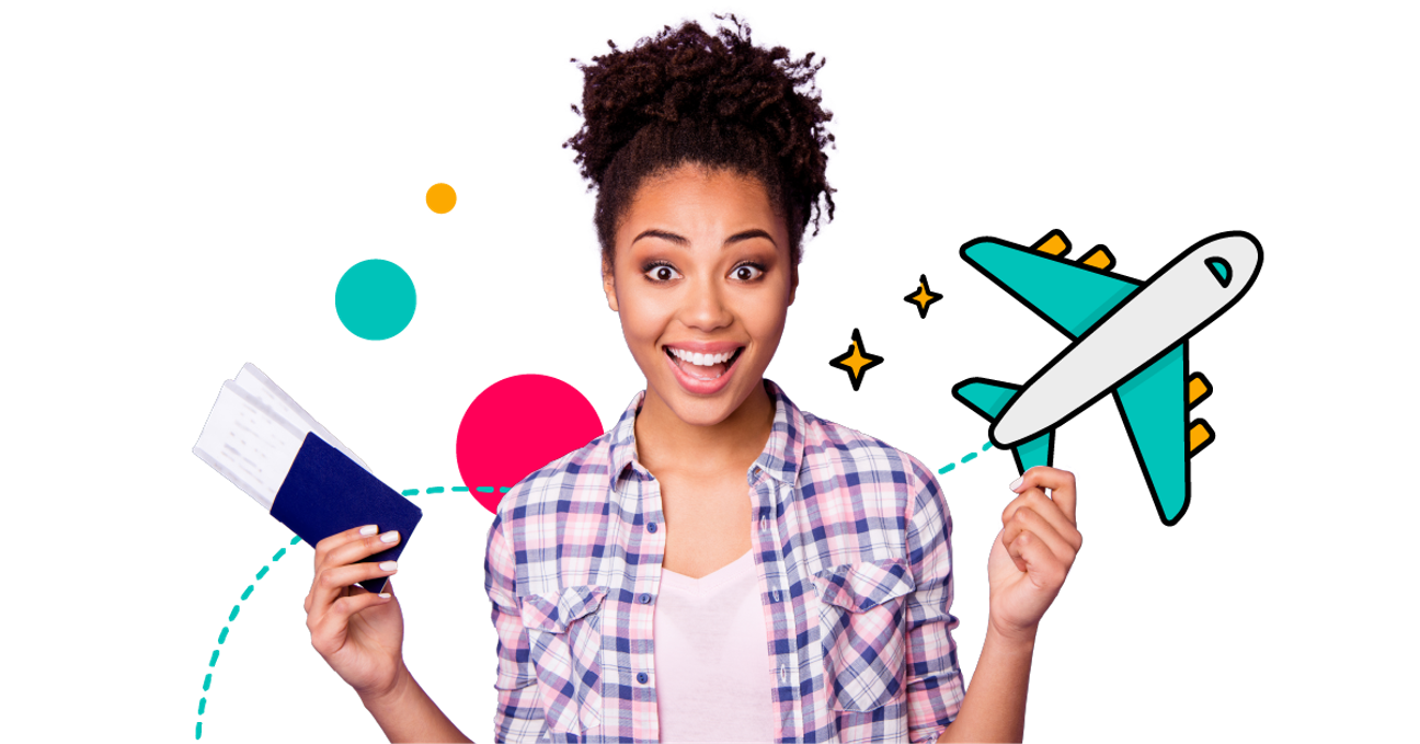 Person looking excited holding passport with a plane icon in the background