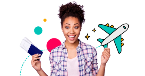 A person looks excited while holding flight tickets as a plane zooms behind them