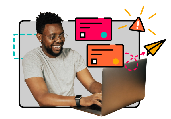 smiling man on laptop with pink and orange bubbles, alert symbols and a paper plane