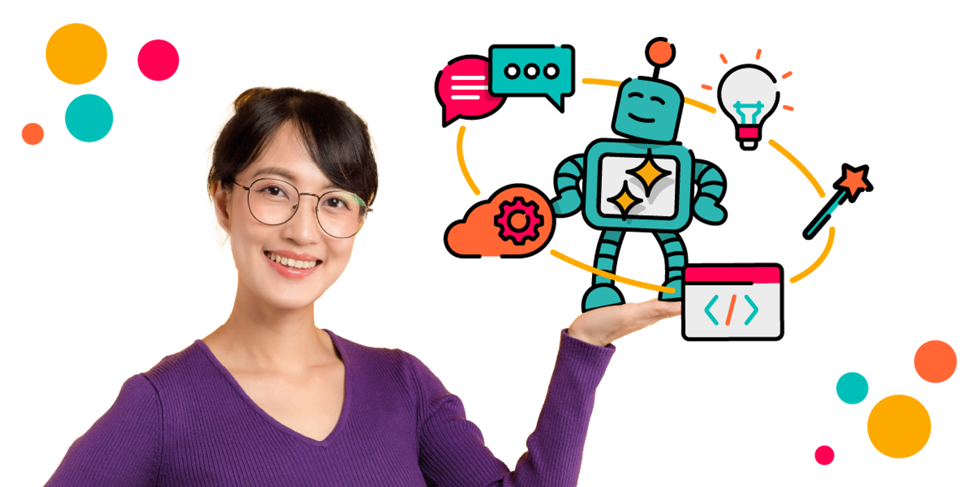 A person smiles at the camera, holding up a small cartoon robot standing in their palm. Around it are colourful icons representing various tech concepts.