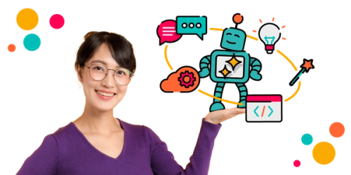 A person smiles at the camera, holding up a small cartoon robot standing in their palm. Around it are colourful icons representing various tech concepts.