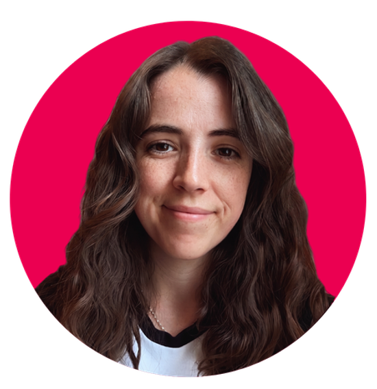 Photo of Katie against a pink circular background