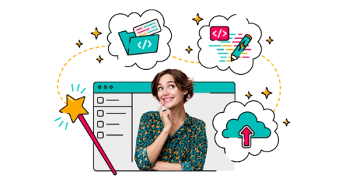 Illustration of a smiling person in front of a large web browser window, surrounded by cartoon thought bubbles showing coding icons, a pencil, a folder, and a cloud upload symbol, with a magic wand and sparkles suggesting “magical” coding assistance.