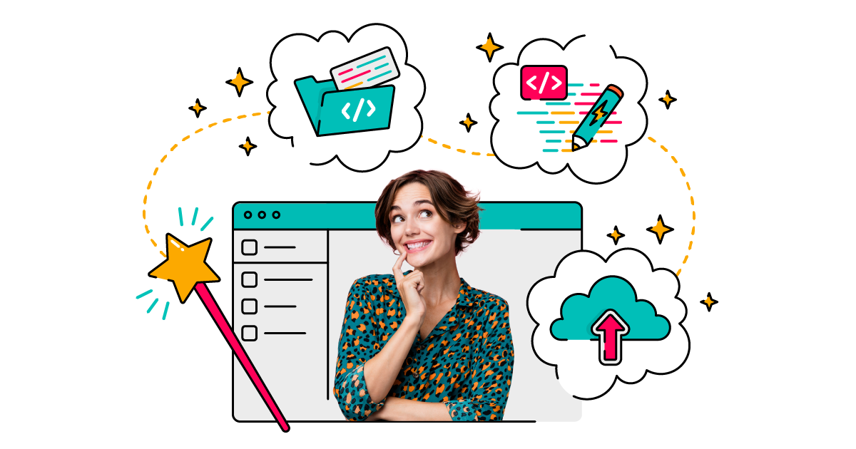 Illustration of a smiling person in front of a large web browser window, surrounded by cartoon thought bubbles showing coding icons, a pencil, a folder, and a cloud upload symbol, with a magic wand and sparkles suggesting “magical” coding assistance.