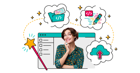Illustration of a smiling person in front of a large web browser window, surrounded by cartoon thought bubbles showing coding icons, a pencil, a folder, and a cloud upload symbol, with a magic wand and sparkles suggesting “magical” coding assistance.