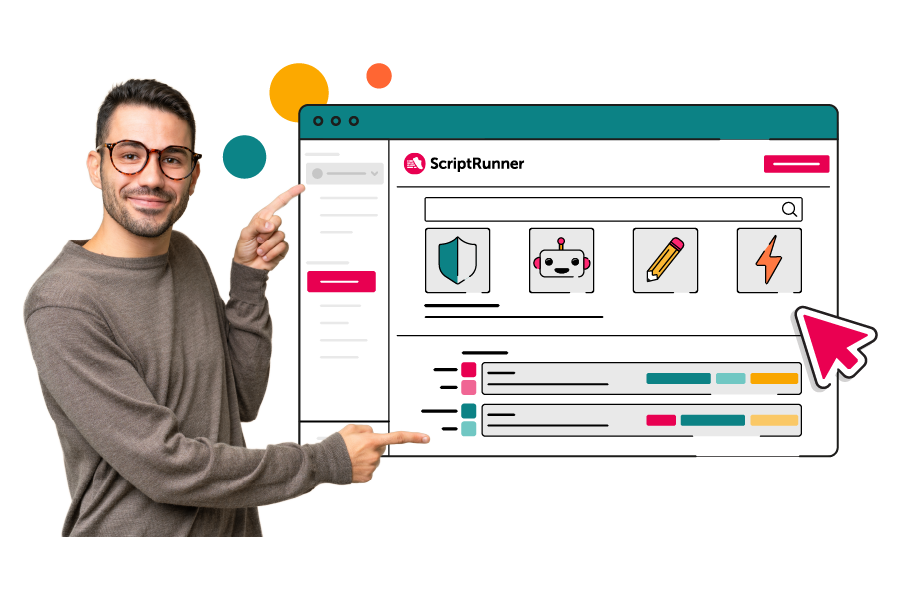 Smiling person in glasses stands beside an illustrated ScriptRunner for Jira interface, pointing at the on‑screen dashboard that shows icons for security, automation, editing, and power, with colourful rows and a large pink cursor—conveying easy, visual control over powerful features.