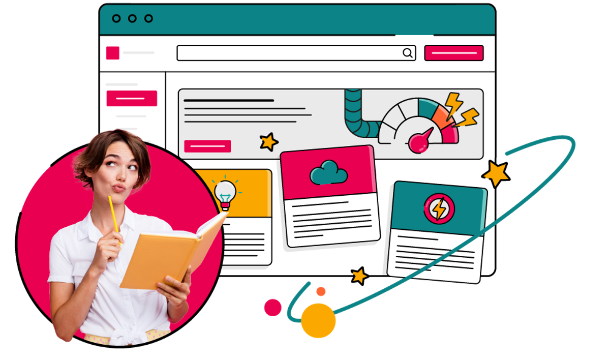 A person in a white shirt, holding a notebook and pencil and looking thoughtfully upwards, is framed in a bright pink circle in front of an illustrated Confluence window with colourful cards, icons, and a speedometer‑style gauge—evoking creativity, ideas, and boosting digital workflows.